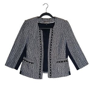White House Black Market Blazer Jacket Navy White Women's 8 Pearls Tweed #573